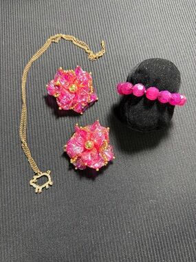 Gold-Tone Necklace with Pink Flower Clip-On Earrings and Pink Bead Ring